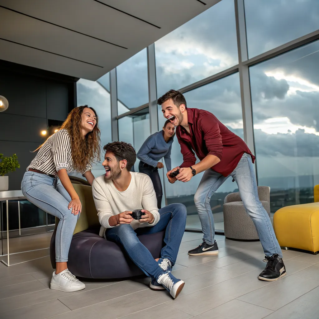 Grup de prieteni jucându-se într-un spațiu indoor modern